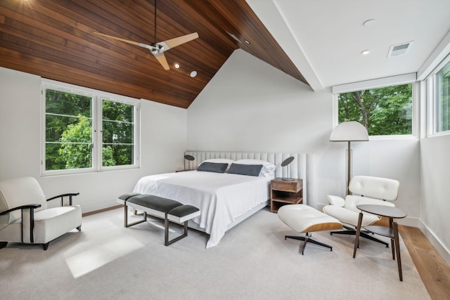 bedroom featuring ceiling fan, lofted ceiling, multiple windows, and wooden ceiling