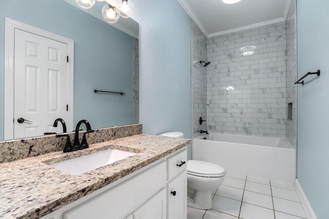 full bath with toilet, ornamental molding, vanity, shower / tub combination, and tile patterned floors