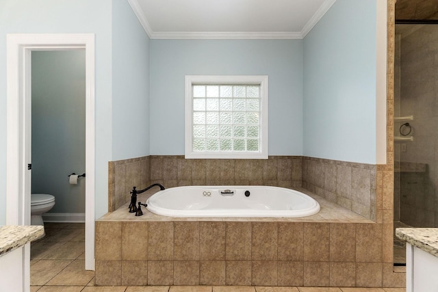 full bathroom featuring toilet, ornamental molding, and vanity