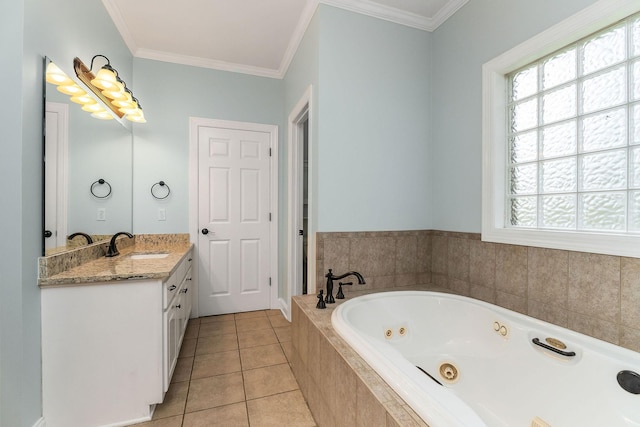 bathroom with plenty of natural light, a jetted tub, crown molding, and vanity