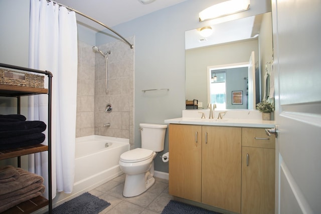 full bathroom with tile patterned flooring, vanity, toilet, and shower / bathtub combination with curtain