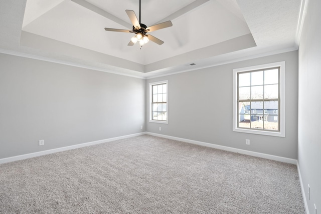 spare room with ceiling fan, ornamental molding, carpet floors, and a tray ceiling