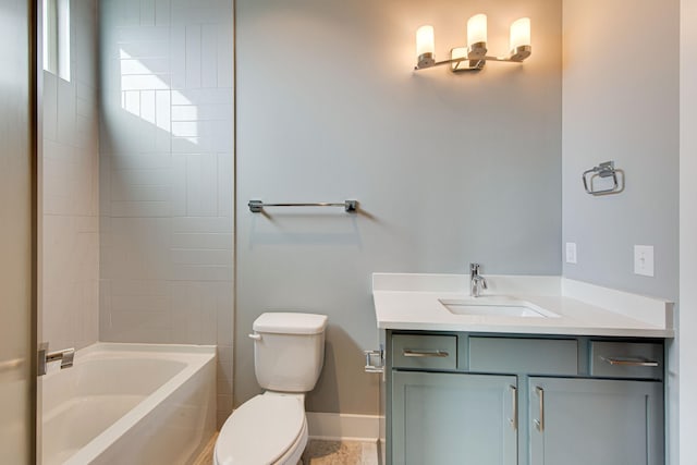 full bathroom with vanity, bathtub / shower combination, and toilet