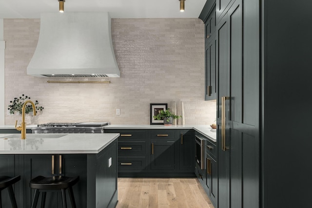 kitchen with light wood-type flooring, premium range hood, tasteful backsplash, and sink