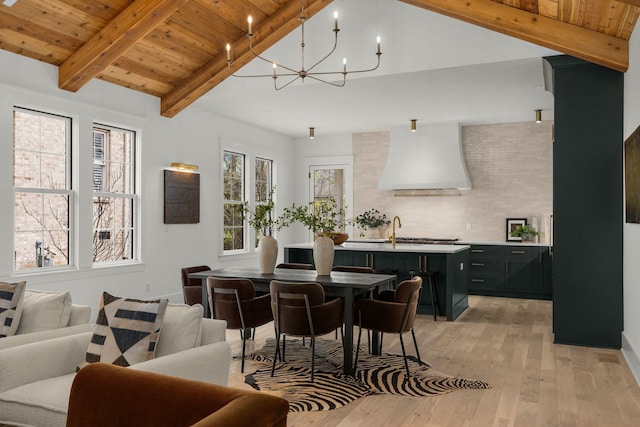 dining area featuring sink, light hardwood / wood-style flooring, vaulted ceiling with beams, wood ceiling, and a chandelier