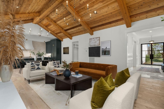 living room with beam ceiling, wooden ceiling, an inviting chandelier, high vaulted ceiling, and light hardwood / wood-style floors