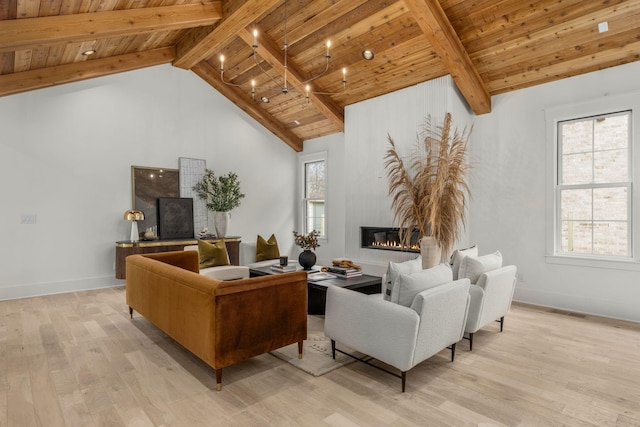 living room featuring beamed ceiling, a healthy amount of sunlight, light wood-type flooring, and wood ceiling