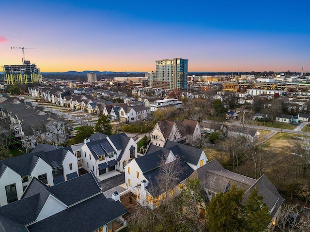 view of aerial view at dusk