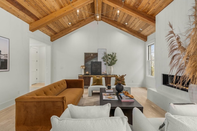 living room featuring light hardwood / wood-style flooring, beamed ceiling, and wooden ceiling