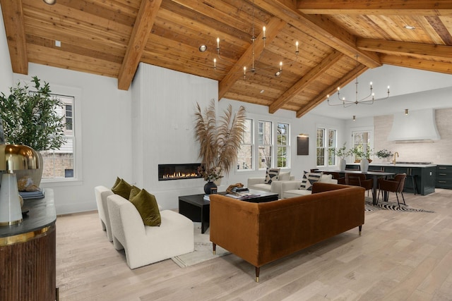 living room with vaulted ceiling with beams, light wood-type flooring, wood ceiling, and an inviting chandelier