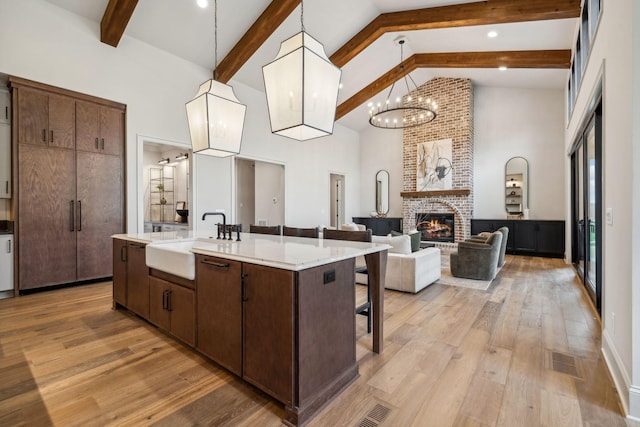 kitchen featuring sink, an island with sink, and light hardwood / wood-style flooring