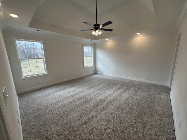 spare room featuring ceiling fan, ornamental molding, a raised ceiling, and carpet