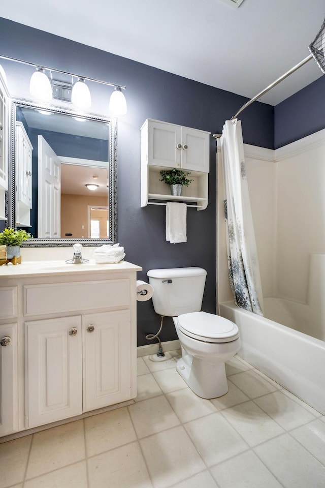 full bathroom with tile patterned floors, vanity, toilet, and shower / tub combo with curtain