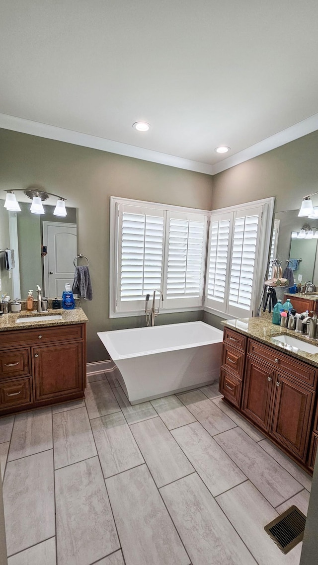 bathroom featuring a tub, vanity, and a healthy amount of sunlight