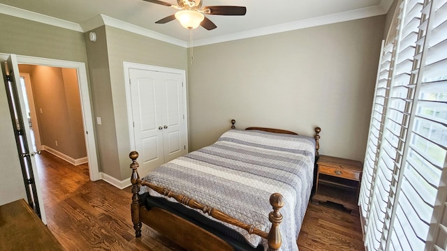 bedroom featuring ceiling fan, ornamental molding, dark wood-type flooring, and a closet