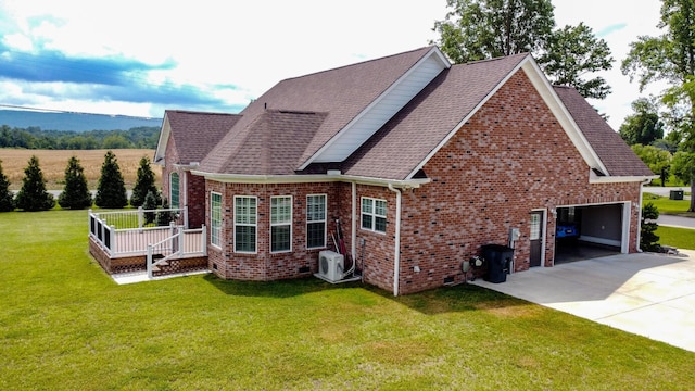 view of property exterior with a lawn, ac unit, and a garage