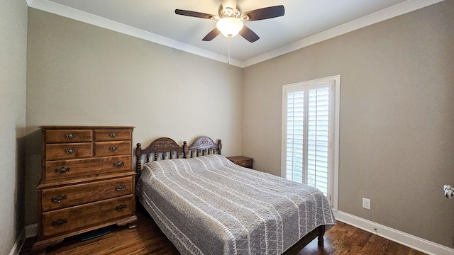 bedroom with dark hardwood / wood-style flooring, ceiling fan, and ornamental molding