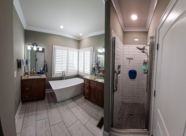 bathroom with vanity and plus walk in shower