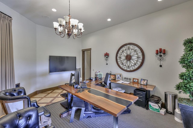 office area featuring baseboards, a notable chandelier, and recessed lighting