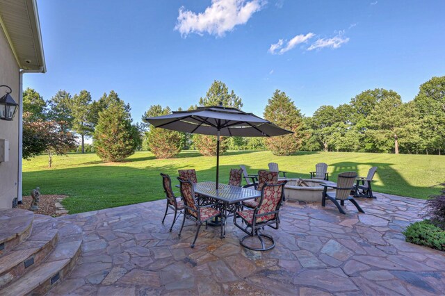 view of terrace featuring an outdoor fire pit