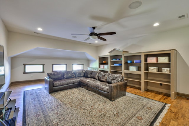 living room featuring recessed lighting, wood finished floors, a ceiling fan, baseboards, and visible vents