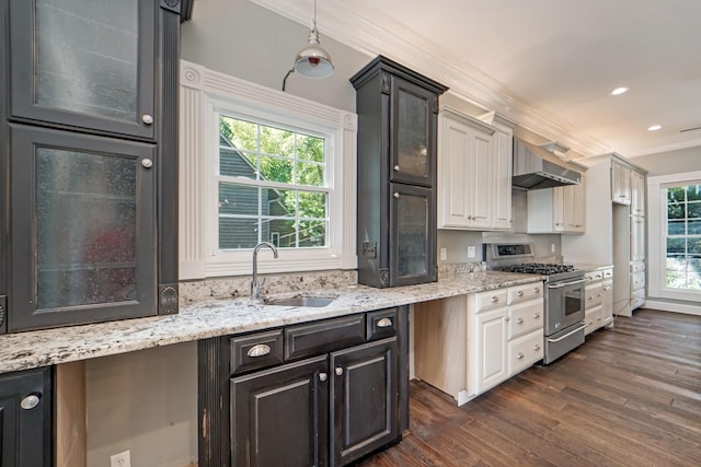 kitchen featuring white cabinetry, sink, dark wood-type flooring, high end range, and ornamental molding