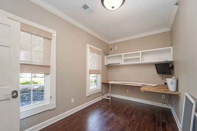 unfurnished office with dark hardwood / wood-style flooring and crown molding