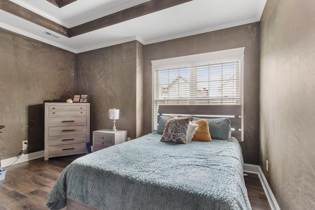 bedroom with a raised ceiling, crown molding, and dark hardwood / wood-style floors