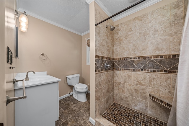 bathroom featuring tile flooring, a shower with shower curtain, ornamental molding, toilet, and vanity