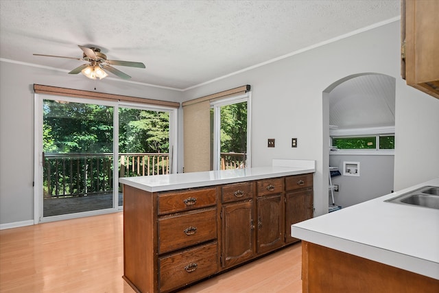 kitchen with sink, a textured ceiling, light wood-type flooring, and ceiling fan