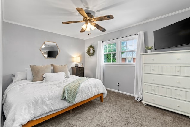 carpeted bedroom with ceiling fan and ornamental molding