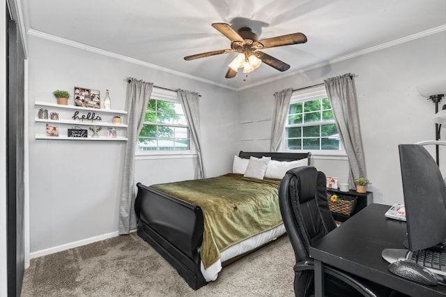 bedroom with ornamental molding, multiple windows, carpet flooring, and ceiling fan