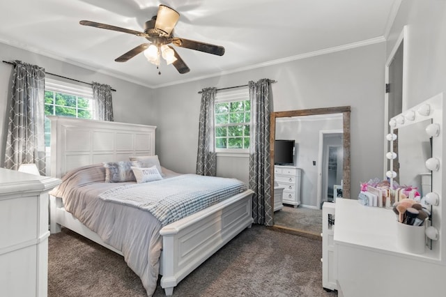 bedroom with crown molding, dark carpet, multiple windows, and ceiling fan