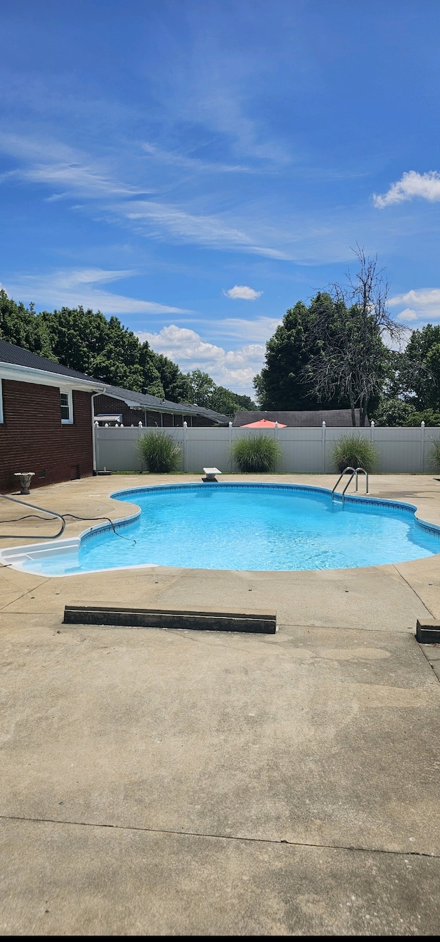 view of swimming pool featuring a patio and a diving board