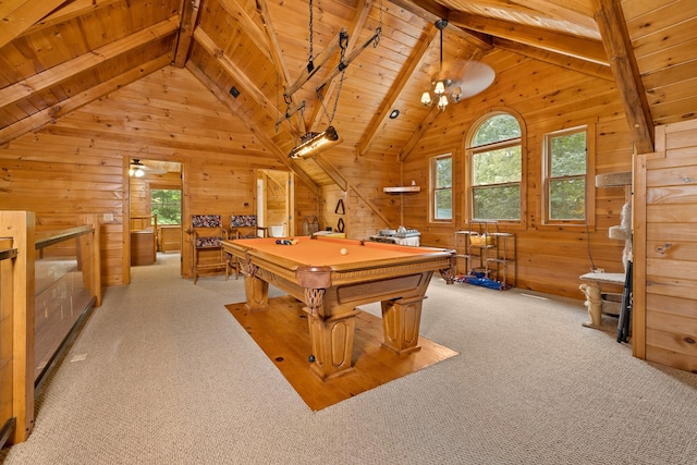 playroom with plenty of natural light, wooden ceiling, light colored carpet, and beam ceiling