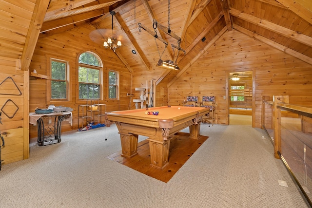 recreation room featuring plenty of natural light, light colored carpet, lofted ceiling with beams, and wood ceiling