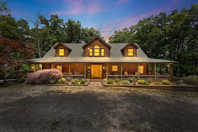 log home with a porch