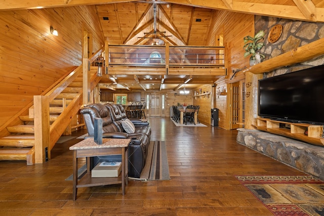 living room featuring high vaulted ceiling, wooden ceiling, wood walls, and beamed ceiling