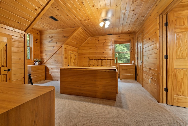 bonus room with light carpet, wooden ceiling, a healthy amount of sunlight, and wooden walls