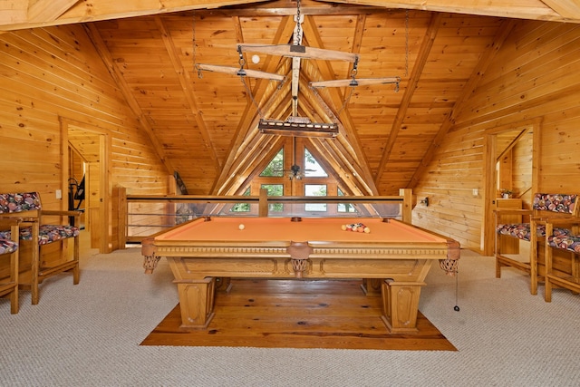 recreation room with wood ceiling, wooden walls, and lofted ceiling with beams