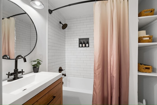 bathroom with vanity and shower / bath combination with curtain