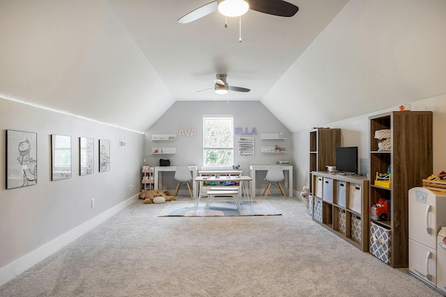 playroom featuring ceiling fan, light colored carpet, and lofted ceiling