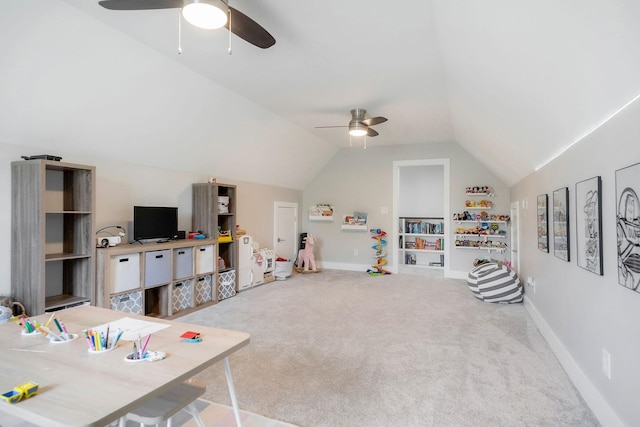 game room featuring vaulted ceiling, carpet flooring, and ceiling fan