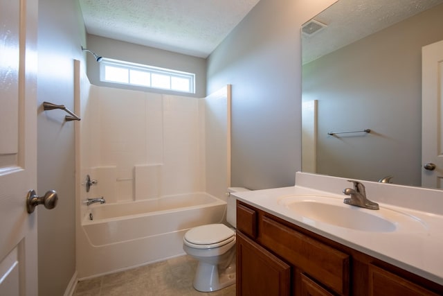 full bathroom with toilet, shower / bathing tub combination, a textured ceiling, and vanity