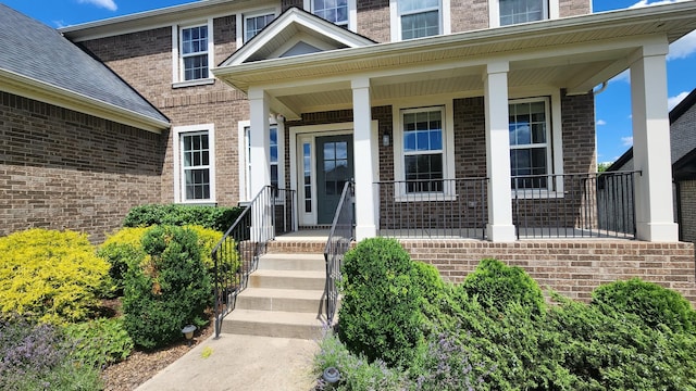 view of exterior entry featuring a porch