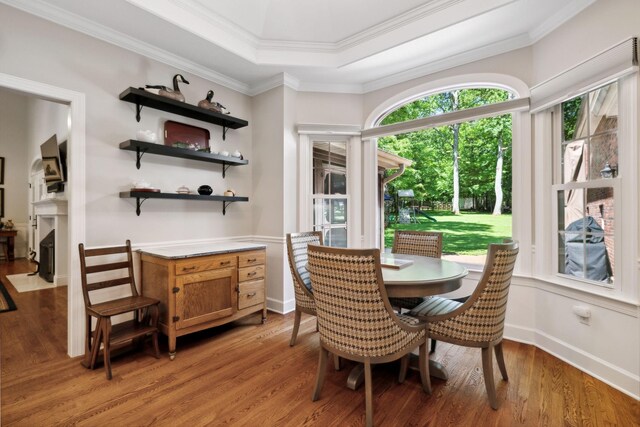 dining room featuring wood-type flooring, a tray ceiling, and crown molding