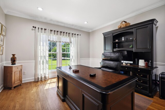 office featuring wood-type flooring and crown molding