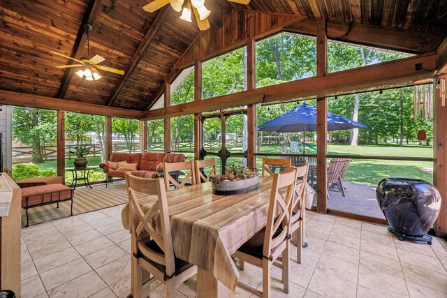 sunroom / solarium with ceiling fan, vaulted ceiling with beams, and wooden ceiling