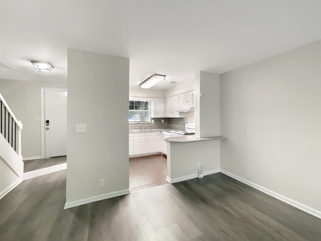 kitchen featuring backsplash, electric stove, white cabinetry, dark hardwood / wood-style flooring, and kitchen peninsula