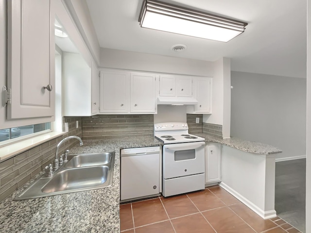 kitchen featuring kitchen peninsula, white appliances, white cabinetry, and sink